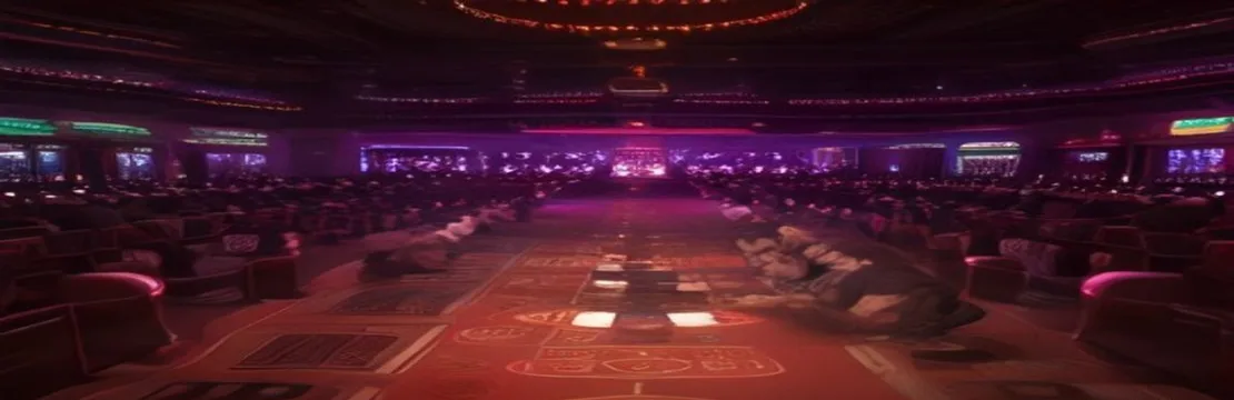 Crowded casino hall with glowing slot machines and players